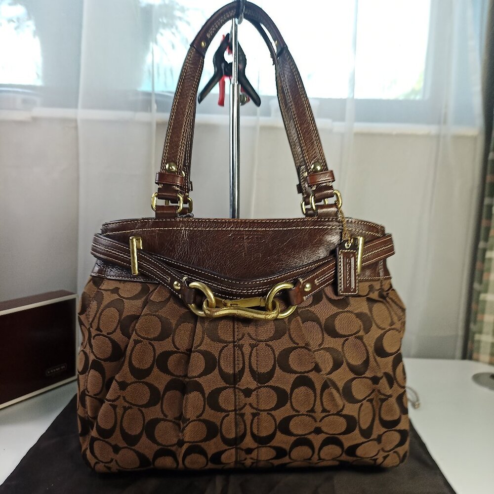 Coach Hampton Large Chocolate Brown Purse Signature Canvas Leather Strap Lock